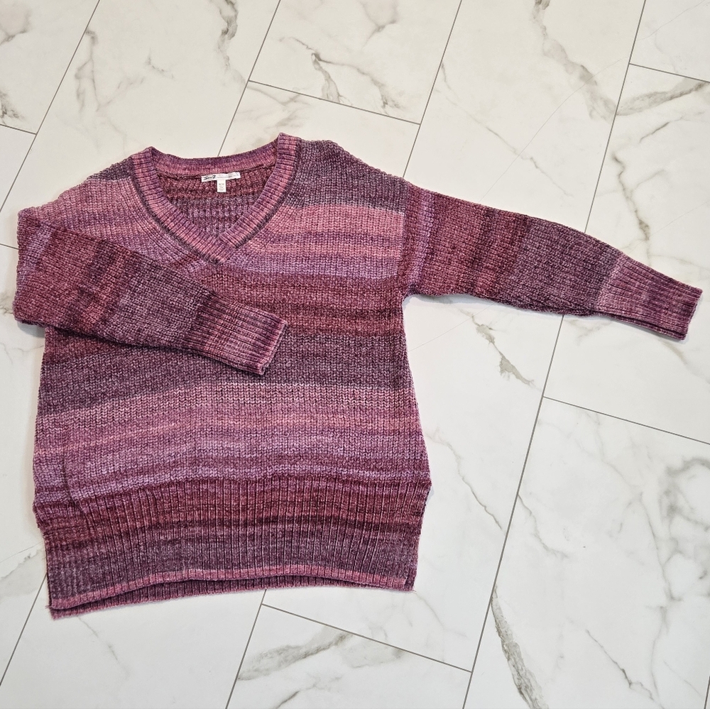 Seven7 Pink Purple Ombre Chenille V-Neck Striped Sweater Size M